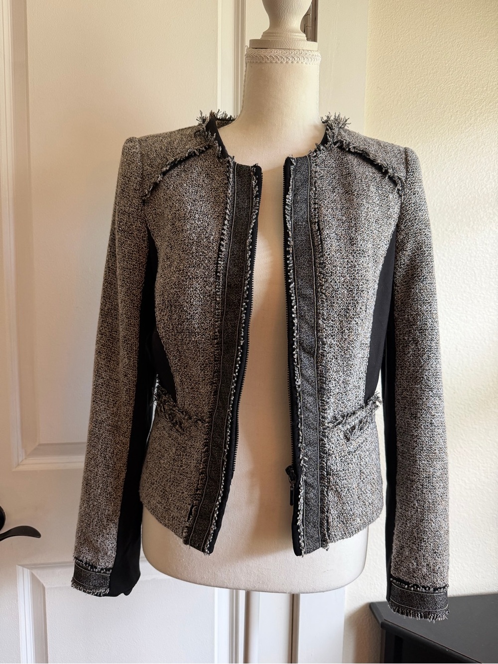 White House Black Market Black and Gray Tweed Fringe Zip Blazer
